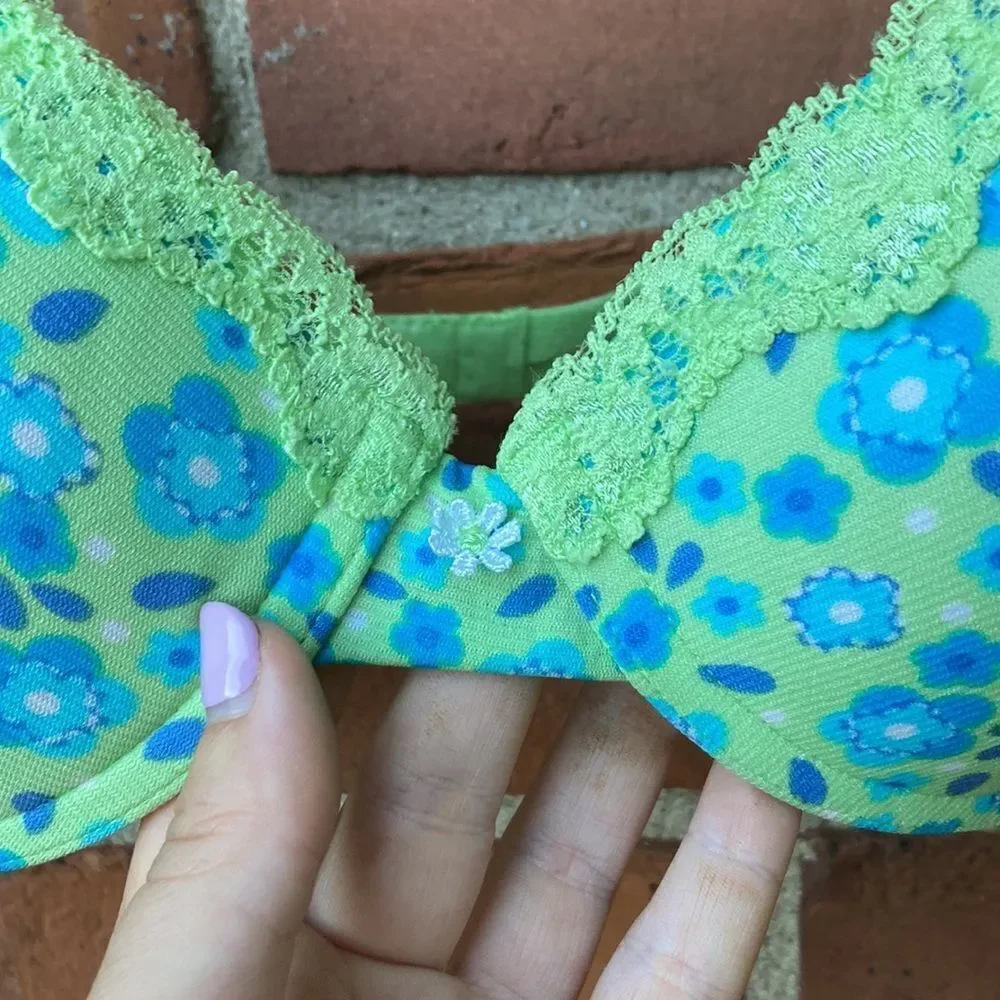 Floral Lace Trim Push-up Bra - Green and Blue
